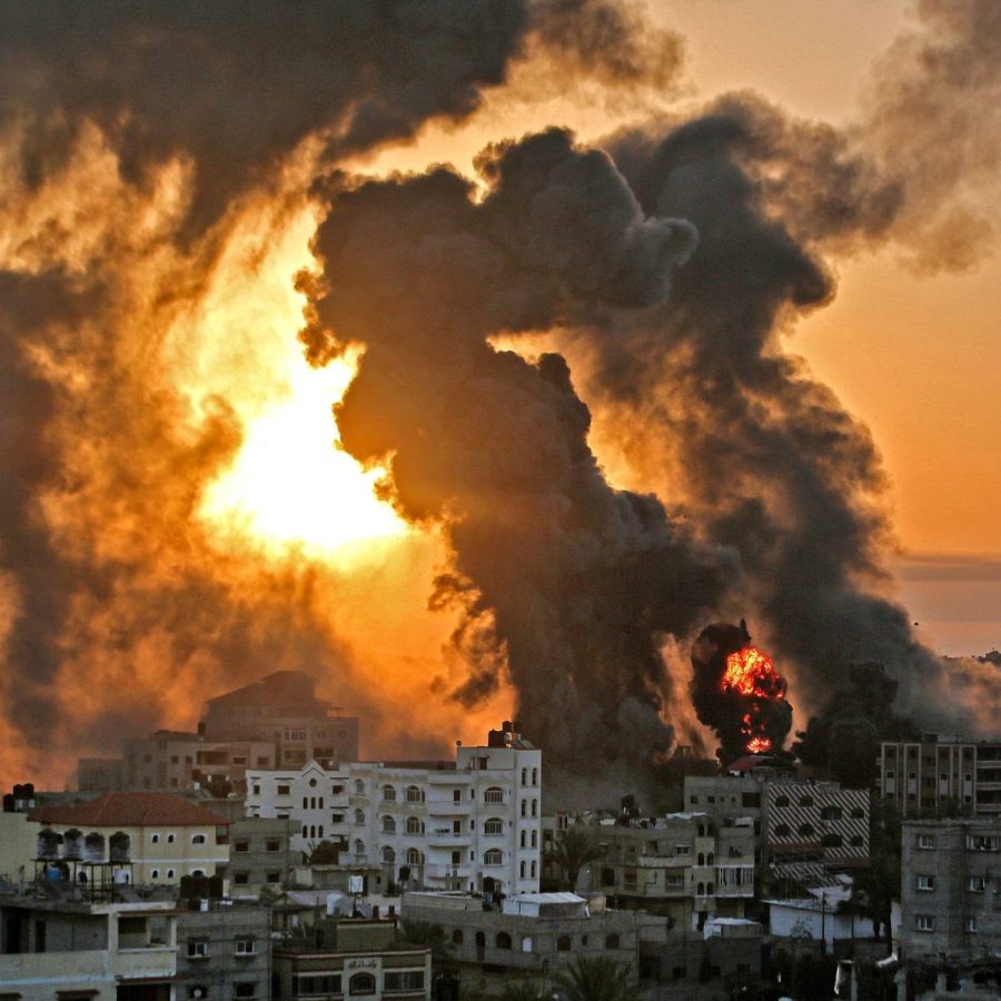 May 12th, 2021: Israel airstrikes hit buildings in the southern Gaza Strip. Photo by Youssef  Massoud/AFP via Getty Images.