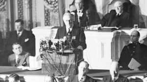 President Franklin D. Roosevelt calls on U.S. Congress to declare war on Japan