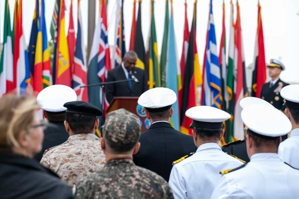 Secretary of Defense Lloyd J. Austin III announces the start of Operation Prosperity Guardian during a visit to the U.S. Naval Forces Central Command and Combined Maritime Forces headquarters in Manama, Bahrain, Dec. 19, 2023. Photo by: Petty Officer 2nd Class Naomi Johnson