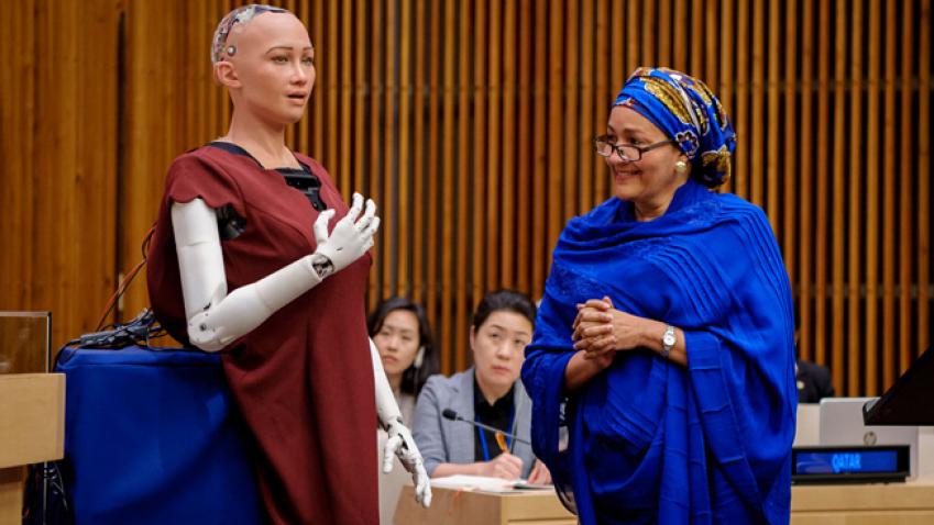 Sophia, a humanoid robot, speaks with the United Nations Deputy Secretary-General Amina J. Mohammed on sustainable AI usage. She speaks about the potential of AI to increase access to resources such as food and energy. 